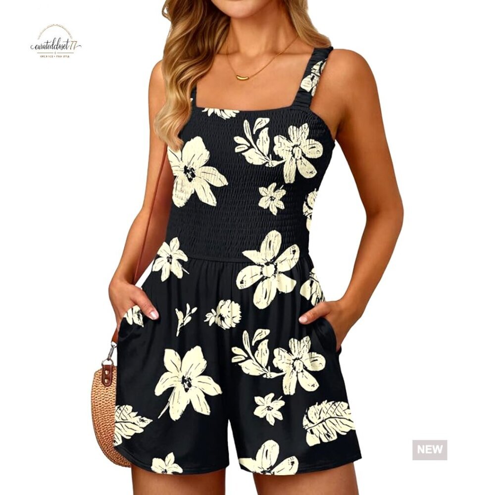 Large Square Neck Romper, Polyester Spandex, Sleeveless Summer Jumpsuit